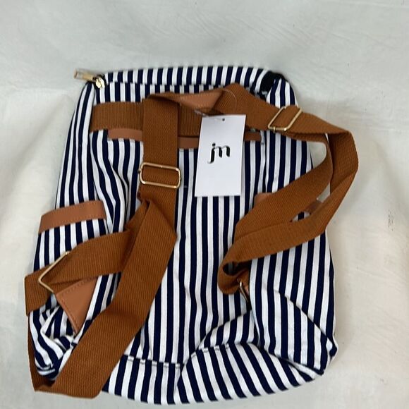 Jessica Moore Striped Backpack New 2 Zipper Sections 3 Pockets Navy White Brown - Picture 3 of 7